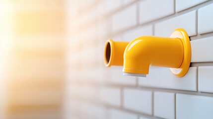 A bright yellow pipe fitting emerges from a tiled wall, illuminated by soft light, creating a modern and minimalist aesthetic.