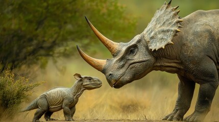 Fototapeta premium A large dinosaur and small dinosaur are facing each other
