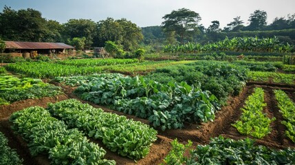 Diverse crops growing in a permaculture farm under clear skies and natural sunlight