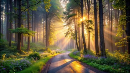 Fototapeta premium Sunlit Path Through a Misty Forest at Dawn A Serene Winding Road Beckons Amidst Tall Trees and Vibrant Wildflowers