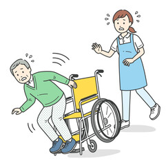 車椅子で転倒しそうになる高齢男性と慌てて駆け寄る介護士