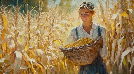 Harvesting joy young woman collects corn in sunlit field rural landscape warm atmosphere