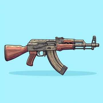 An AK47 assault rifle laying horizontally on a blue background