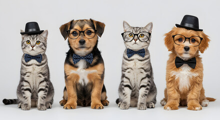 Obraz premium Adorable Pets in Formal Attire: Cats and Dogs Dressed in Hats and Bow Ties