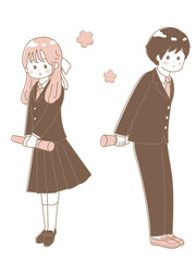 卒業証書をもっている高校生の男の子と女の子　セピア調の可愛い卒業式のイラスト