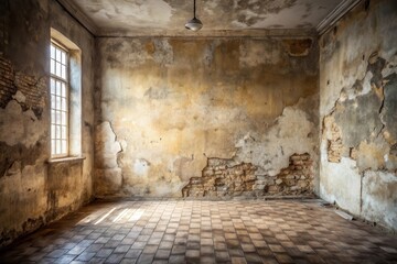Sunlit Room with Aged Walls and Tiled Floor, Showing Decay and Exposure