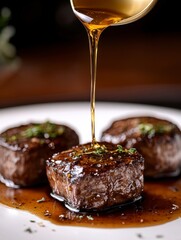 Sauce Pouring Onto Delicious Filet Mignon Steaks on a White Plate