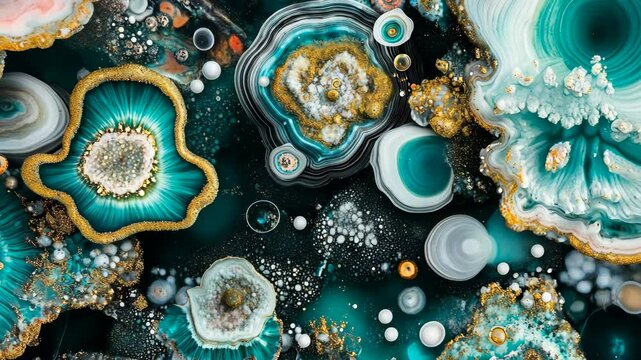 Colorful abstract design featuring various agate formations on a dark background