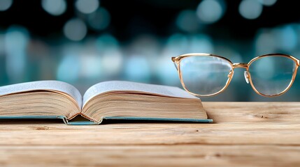 Open Book with Eyeglasses on Wood Table with Bokeh Background