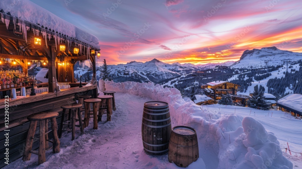 Poster snow blankets the ground as the sun sets behind majestic mountains, casting a warm glow over a rusti