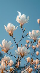 White magnolia flower under blue sky poster background 