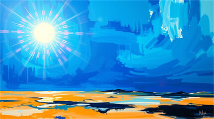 Radiant sun over blue sky and golden desert in painting