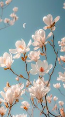 White magnolia flower under blue sky poster background 