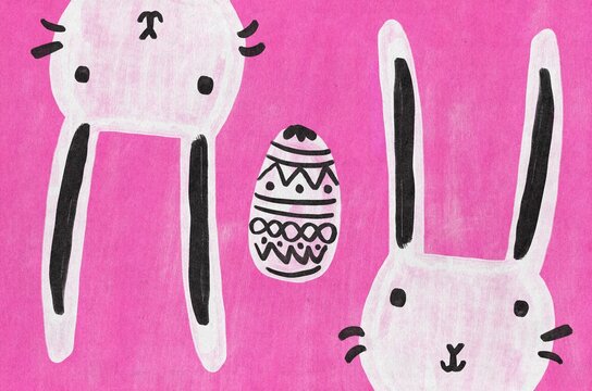Hand-Drawn funny Bunnies and Easter Egg illustration