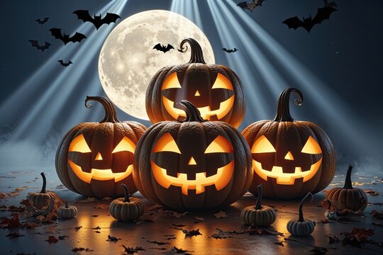 Melodramatic Pumpkins Celebrating Under Moonlight with Bats and Radiant Light