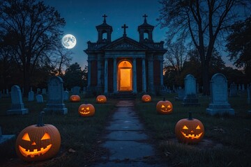 Enigmatic Pumpkin Light Illuminates Haunted Cemetery Under Full Moon Night