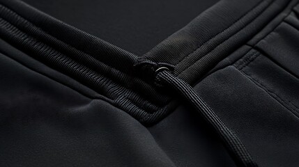 Black athletic pants detail featuring the drawstring and the waistband area