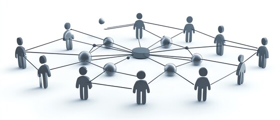A detailed monochrome illustration of interconnected figures, representing digital networking, collaboration, and communication, with geometric lines and nodes connecting them