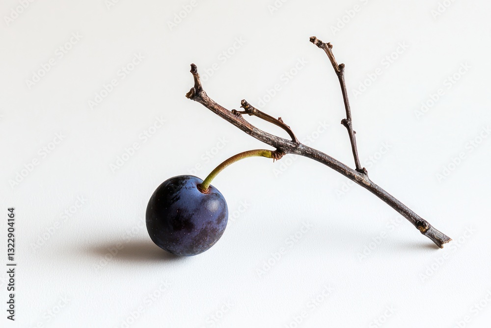 Poster elegant studio shot of a single fresh plum with a twig on a white surface for nutrition and wellness