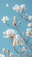 White magnolia flower under blue sky poster background 
