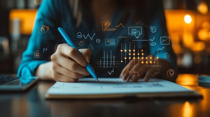 A hand holding a blue pen, jotting down notes on a notepad, with checkmarks, icons, and digital symbols surrounding it, representing task completion and efficient workflow