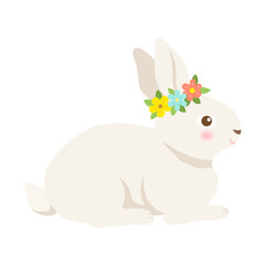 Rabbit sitting with flower crown on white background.
