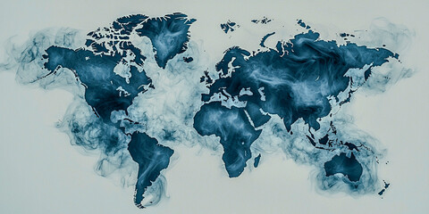 A creative watercolor map of the world, featuring swirling blue tones against a light background, highlighting geographical outlines.