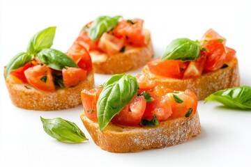 Delicious Italian bruschetta appetizer with ripe tomatoes and fresh basil on a white surface vibrant culinary delight