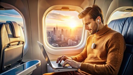 Fototapeta premium A young businessman sitting inside a plane, using a laptop and looking out the window during his travel