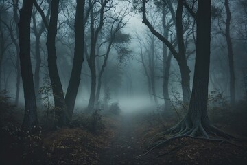 Obraz premium Spooky Mysterious Atmosphere in a Foggy Dark Forest for Halloween