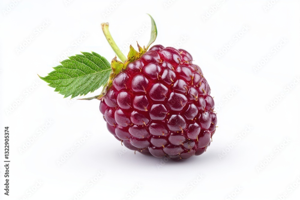 Poster Fresh raspberry with green leaf detailed close up on white elegant background macro shot single studio