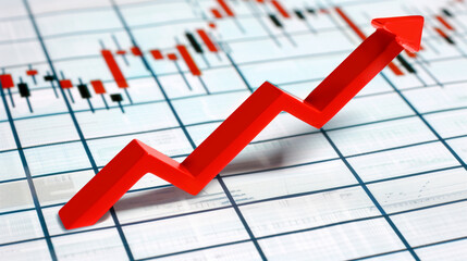 A close-up of a downward arrow graph on a digital screen represents an earnings miss, with blurred financial charts in the background highlighting economic challenges and market fluctuations.
