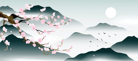 Obraz premium Spring Japanese Cherry blossom flower background vector. Wallpaper design of elegant watercolor sakura flower, branch, mountain, bird, sun. Illustration for banner, wall decoration, backdrop, ads.