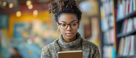 Young woman studying on tablet in cozy urban focused learning atmosphere lifestyle perspective