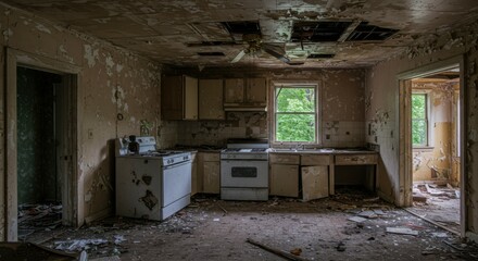 Abandoned kitchen, dilapidated interior, decaying walls, peeling paint, broken appliances, rusty stove, debris-strewn floor, eerie atmosphere, sunlight through window, overgrown vegetation, urban expl
