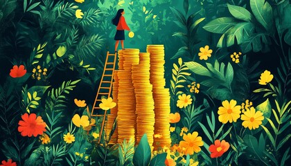 A figure on a ladder, reaching for a tall stack of golden coins, surrounded by a vibrant jungle filled with lush greenery and blooming flowers, symbolizing ambition and prosperity