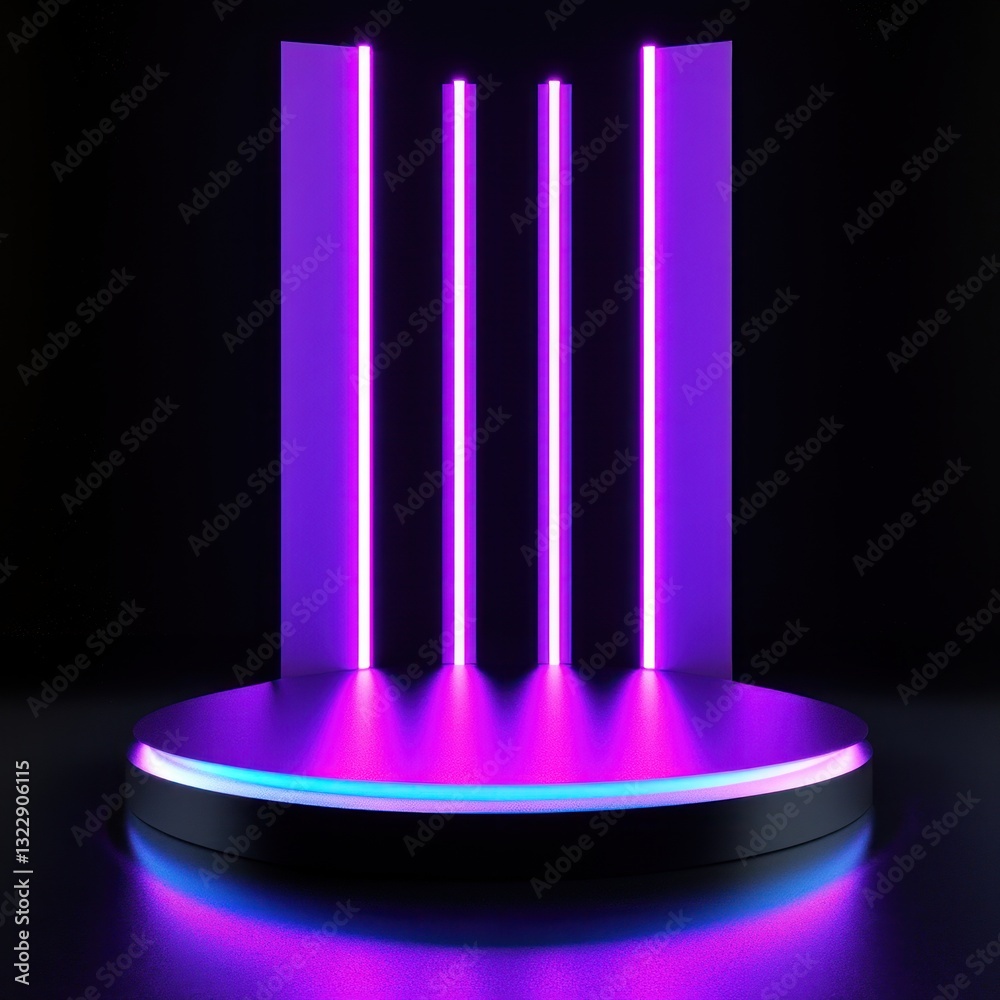 Aufkleber Modern platform with neon lights and stage backdrop creating vibrant glow in black background
