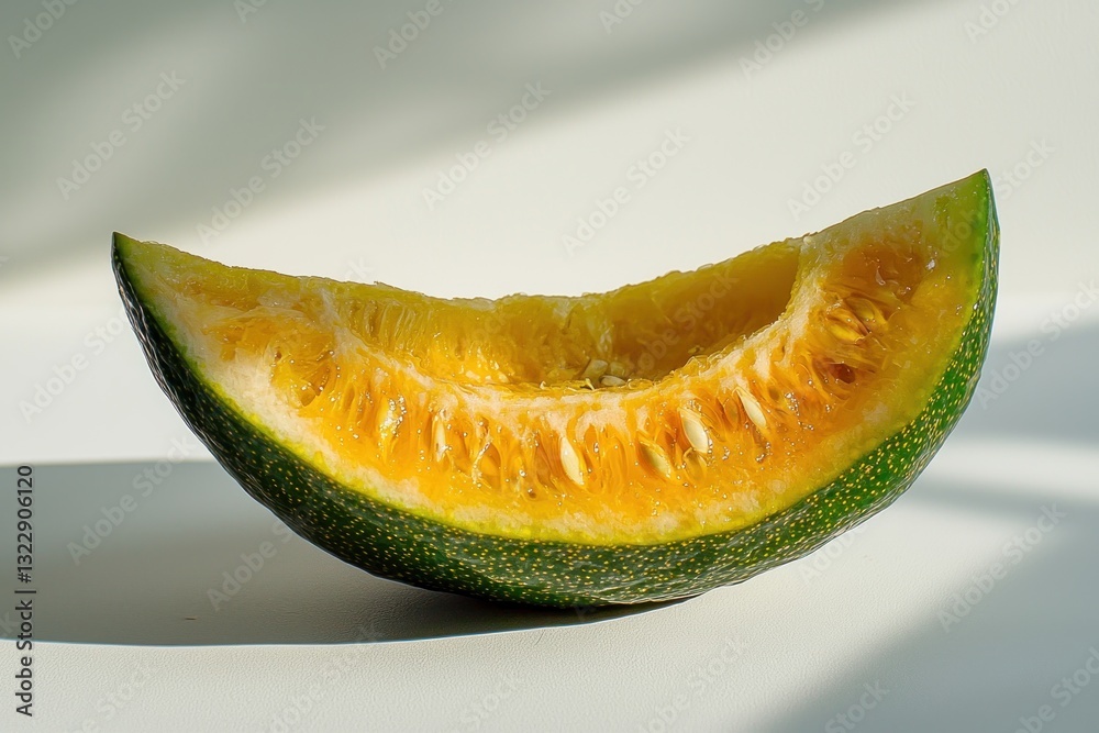 Poster bright slice of delicious kabocha squash under soft sun illumination on plain white background
