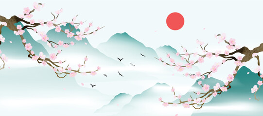 Spring Japanese Cherry blossom flower background vector. Wallpaper design of elegant watercolor sakura flower, branch, mountain, bird, sun. Illustration for banner, wall decoration, backdrop, ads. © babeer