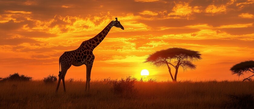 African savanna giraffe silhouette at sunset in serene nature photography - Powered by Adobe