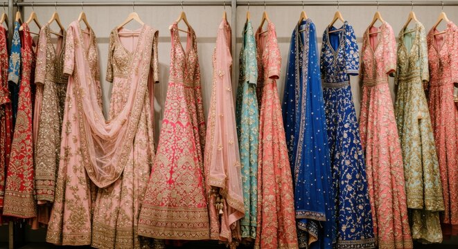 Elegant wardrobe, colorful Indian lehengas, traditional wedding dresses, ornate embroidery, pastel pink and blue, rich fabric textures, gold accents, floral patterns, sequins and beadwork, hanging gar