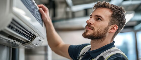 Indoor action shot technician installing air conditioning unit in office environment