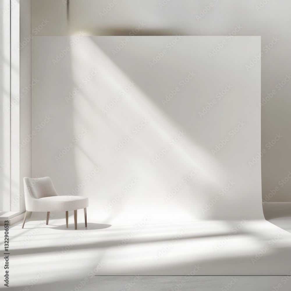 Poster minimalist elegance a pristine white backdrop studio illuminated by sunlight creating a serene artis