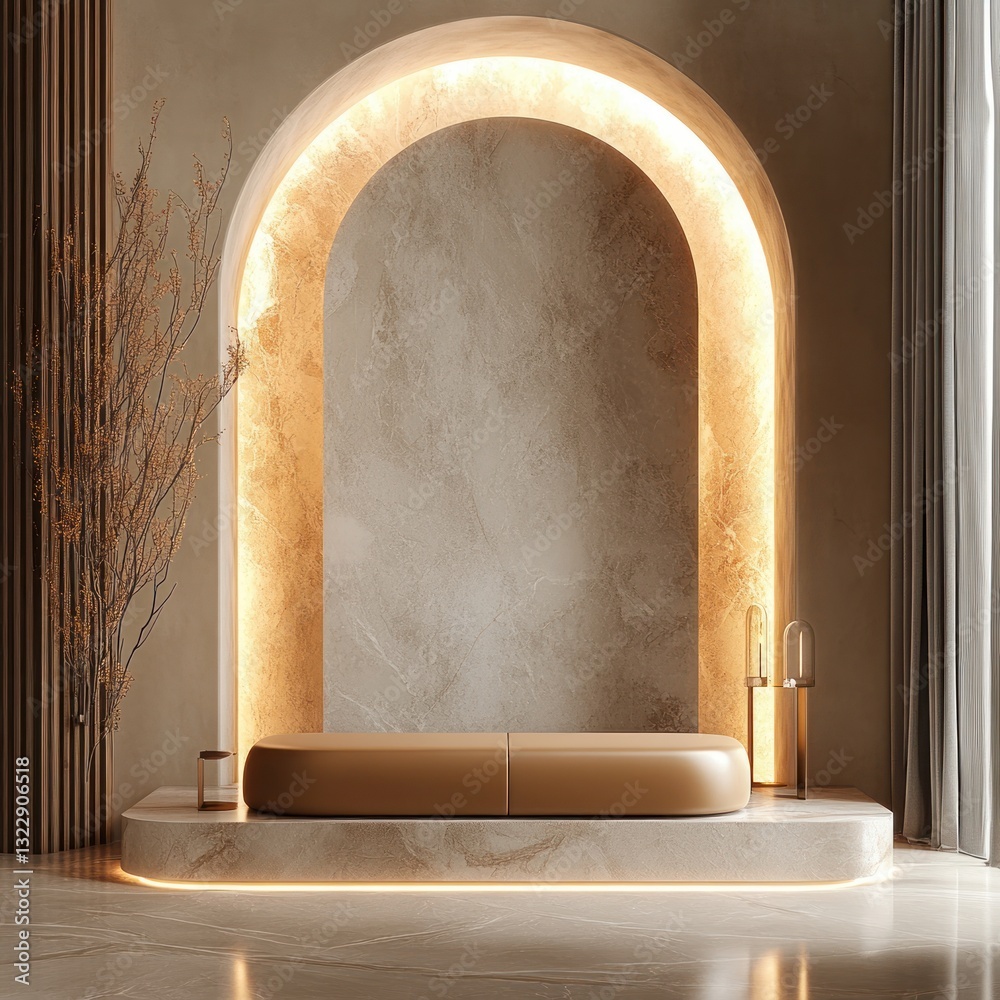 Poster modern minimal interior design with arch platform beige tones abstract background and elegant detail