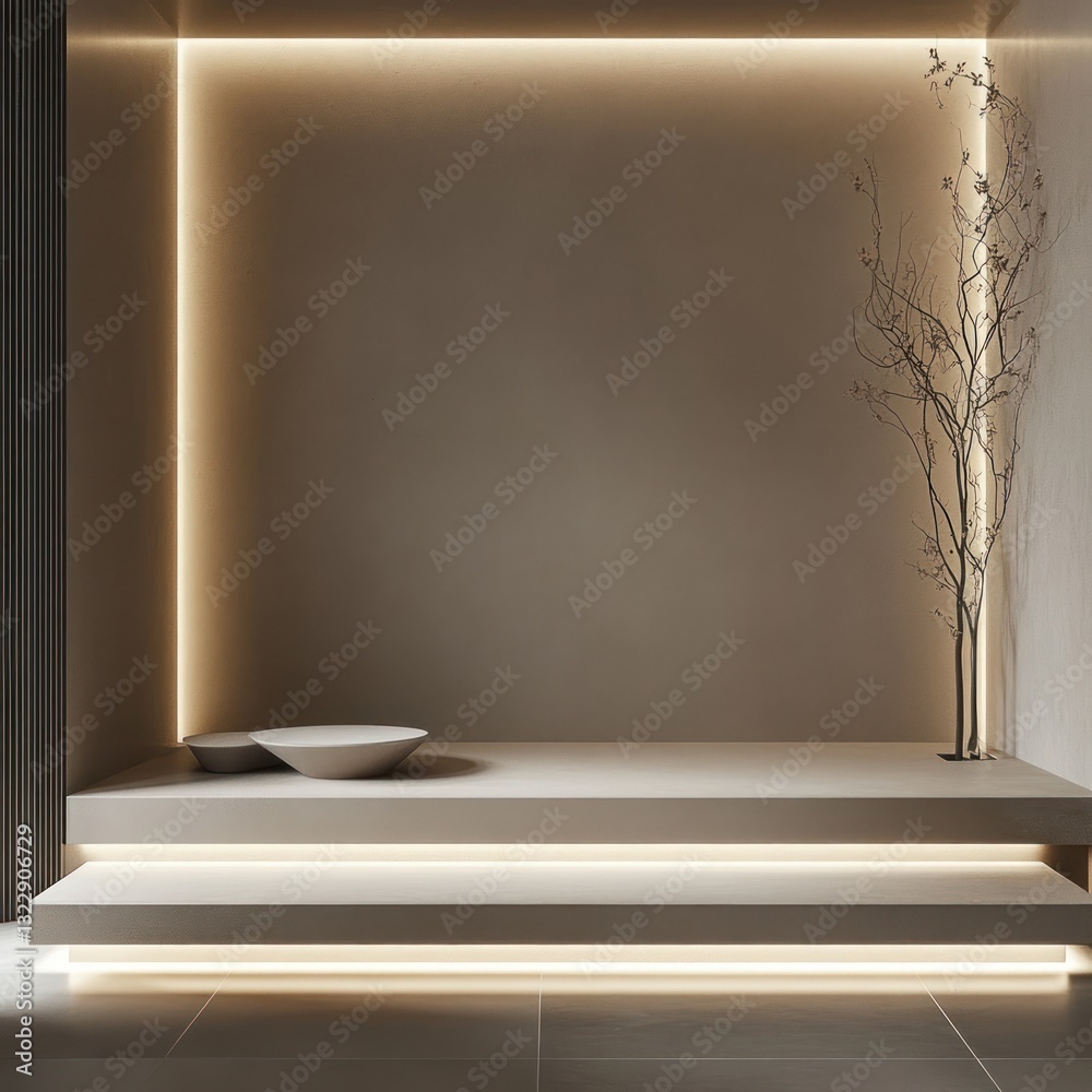 Poster Minimalist presentation platform with ambient lighting displaying a tree and ceramic bowls in a modern room