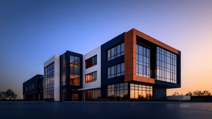 Fototapeta premium Modern Office Building Sunset Architecture Glass Facade Commercial Real Estate