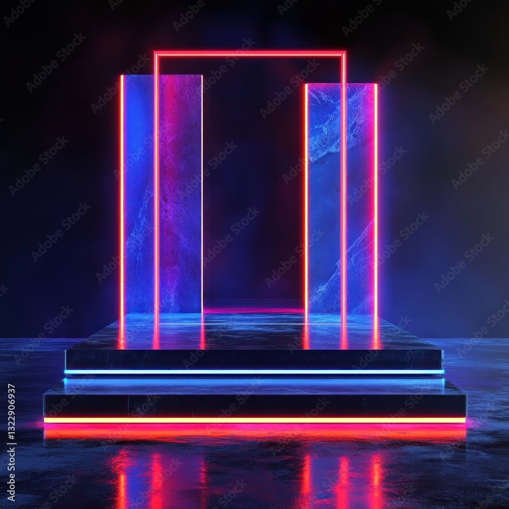 Poster Luminous neon stage glowing platform with frame illuminated geometric shapes with marble texture and reflection