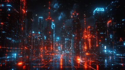 Futuristic City at Night Glowing Red and Blue Lights Digital Art