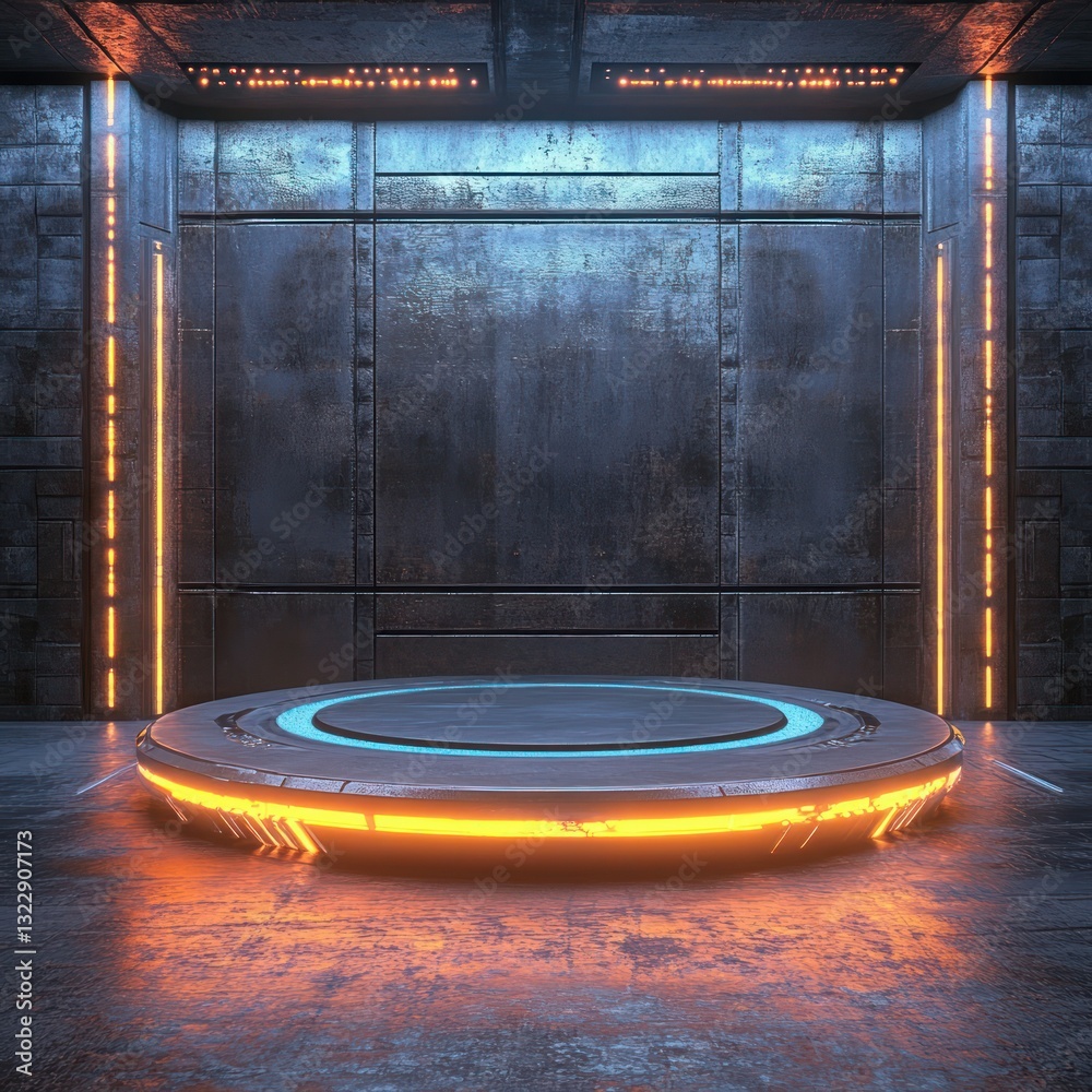 Aufkleber metallic platform in futuristic room with glowing neon accents for technological showcase visual
