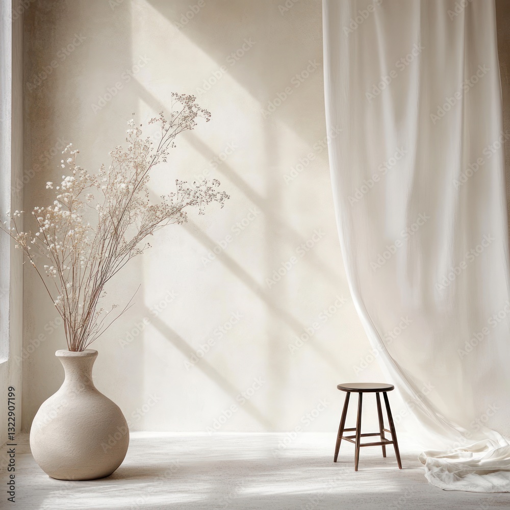 Poster serene indoor scene of a flower arrangement in vase with curtains and stool casting soft light rays